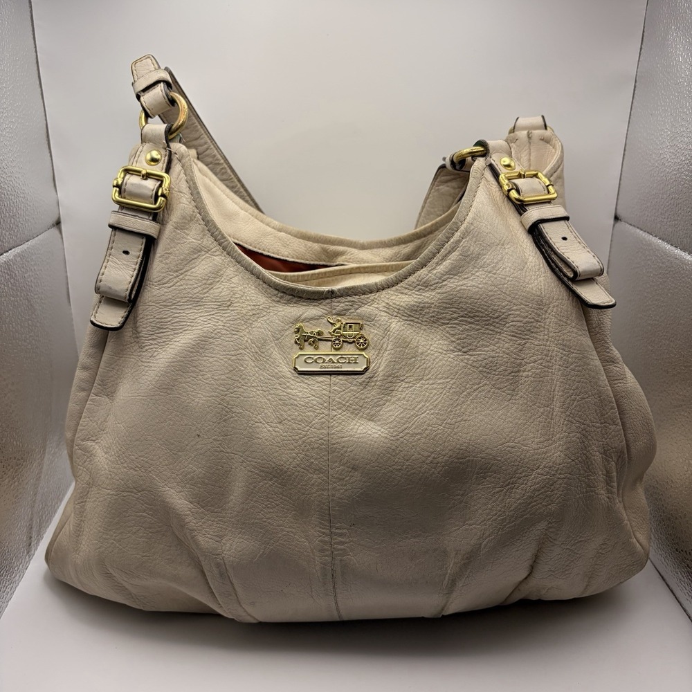 Coach Madison 14576 Ivory Leather Pleated Hobo Shoulder Bag Gold Hardware